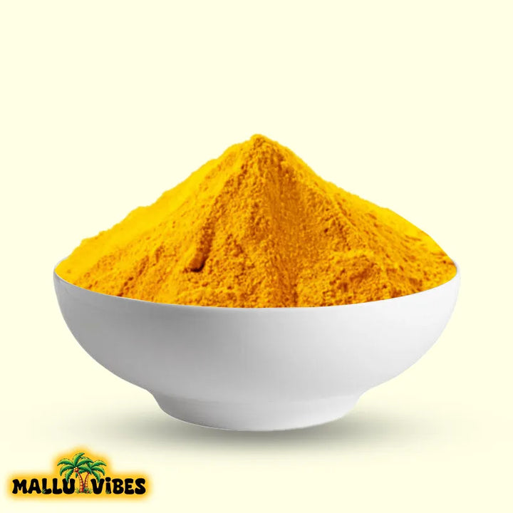 Front view of Authentic Kerala snacks bright yellow turmeric powder, used for its earthy flavor and health benefits, malayalam - Homemade Fresh manjal podi