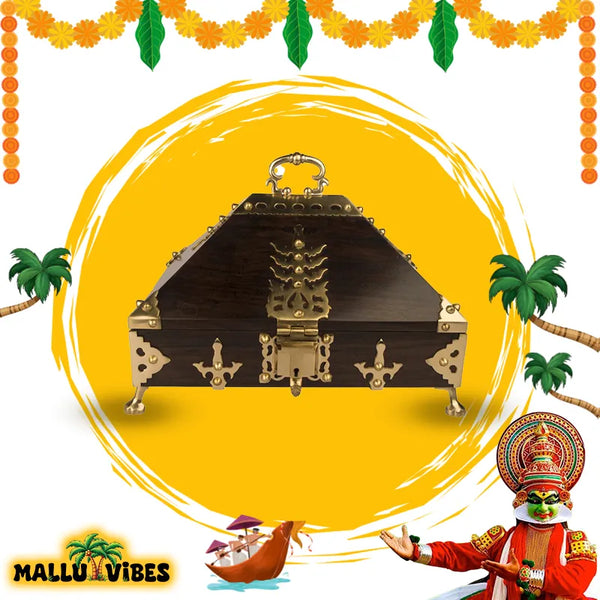 Front view of Traditional Kerala art decorative old makeup trinket box for makeup , malayalam - Kerala arts and crafts nettur petti