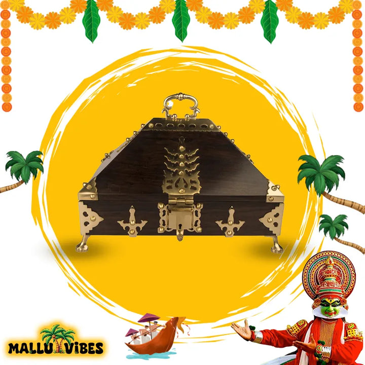 Front view of Traditional Kerala art decorative old makeup trinket box for makeup , malayalam - Kerala arts and crafts nettur petti
