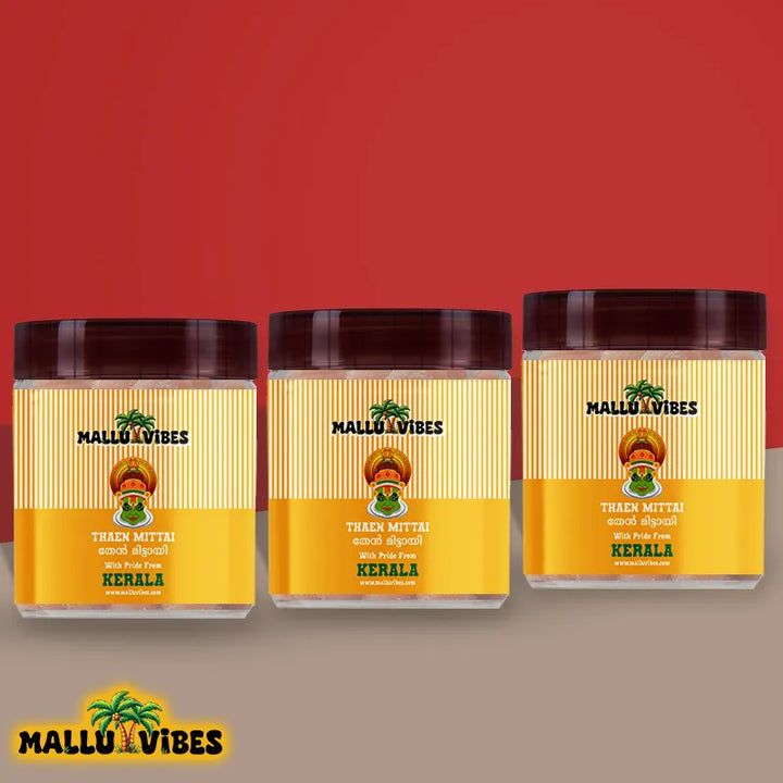 Front view of package design Homemade Kerala snacks thaen mittai in a bowl, english - Indian snacks kerala sugar honey candy