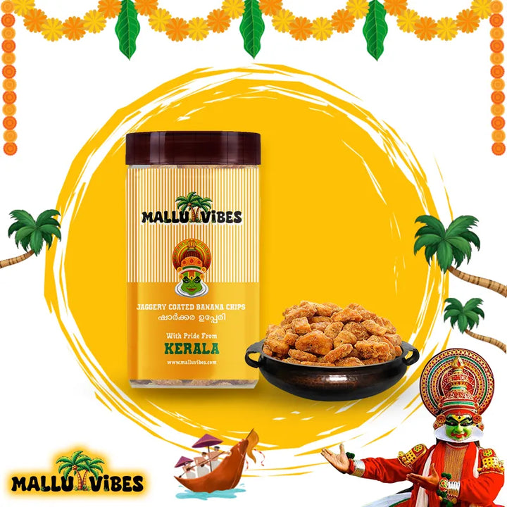 Front view of package design Mallu Vibes Best Kerala snacks online sharkara upperi in a bowl, english - Authentic Kerala snacks Jaggery Coated Banana chips