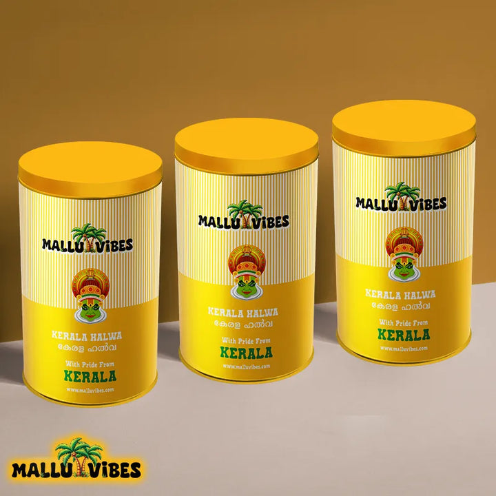 Front view of package design Mallu Vibes Natural Kerala snacks kerala aluva with cashews and ghee in a bowl, malayalam - Homemade Fresh kerala halwa