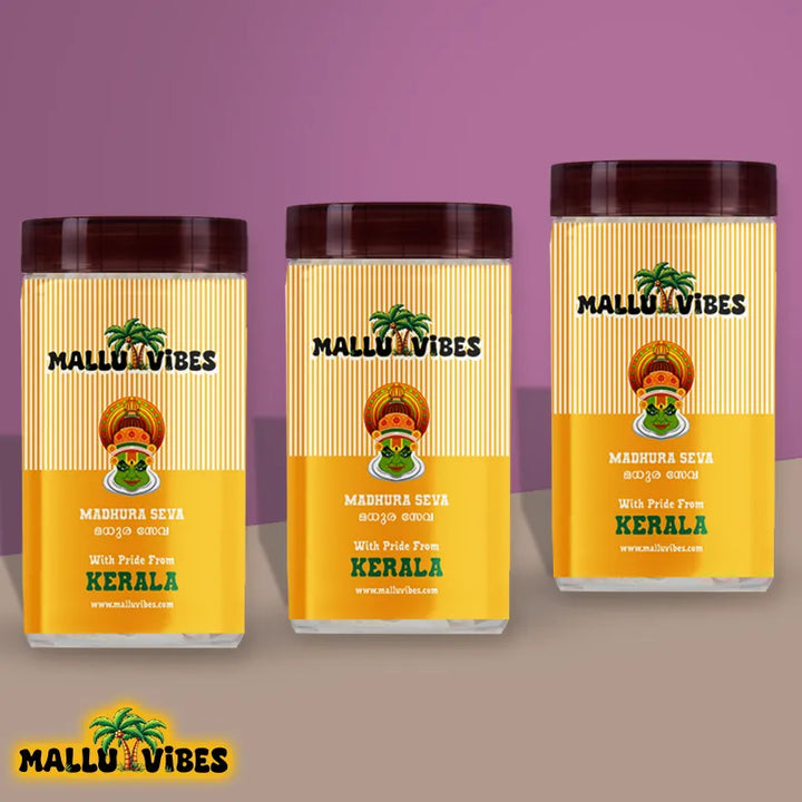 Front view of package design Mallu Vibes Organic Kerala snacks madhura seva in a bowl, english - sweet sev Buy Kerala Snacks Online