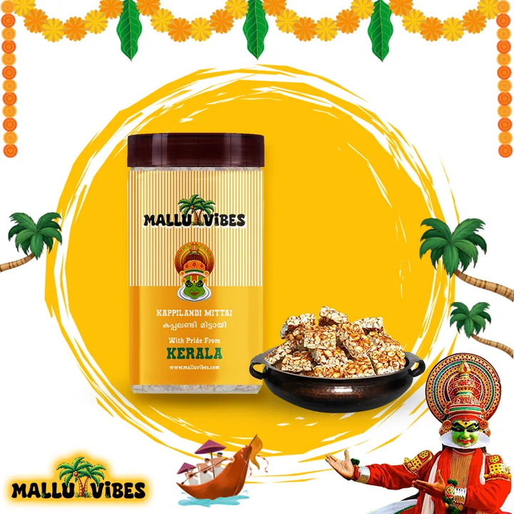 Front view of package design Online Kerala snacks kappilandi mittai in a bowl, english - Best Kerala snacks online peanut jaggery candy