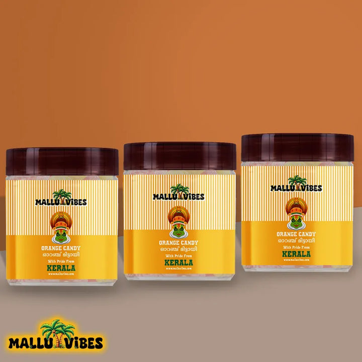 Front view of package design Traditional Kerala food Orange mittai in a bowl, english - Organic Kerala snacks Orange candy