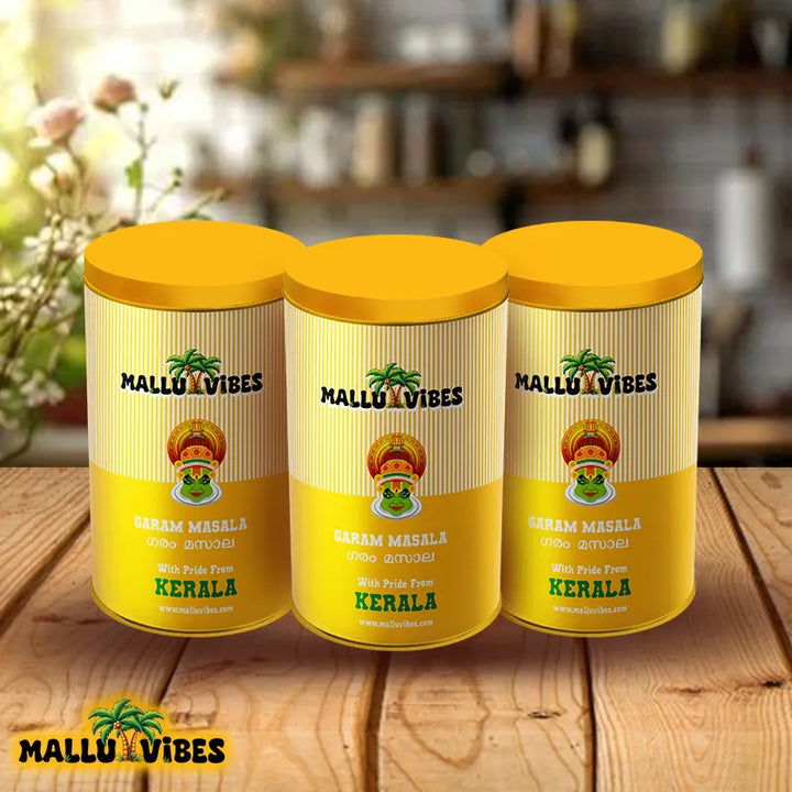 Front view of package design for Homemade Kerala snacks garam masala, a blend of earthy spices, malayalam - Freshly Made Kerala snacks garam masala