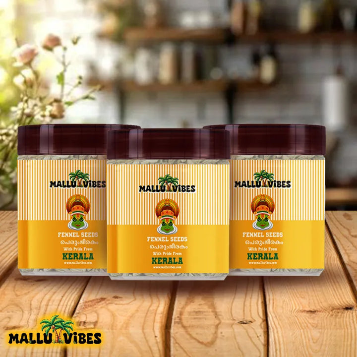 Front view of package design for Freshly Made Kerala snacks fennel seeds with a sweet, licorice taste, malayalam - Organic Kerala snacks perunjeerakam