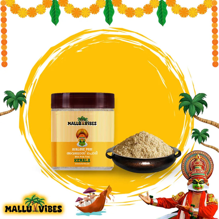 Front view of package with bowl Authentic Kerala snacks Avalose podi in a bowl, english - Freshly Made Kerala snacks rice flour coconut powder