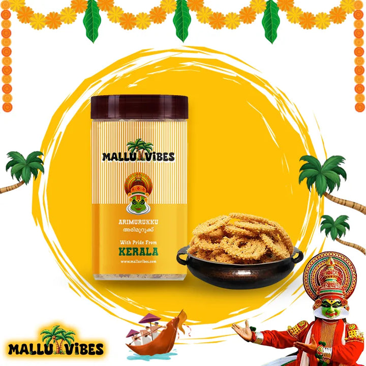 Front view of package with bowl Best Kerala snacks online arimurukku in a bowl, english - Homemade Kerala snacks crispy rice flour spirals