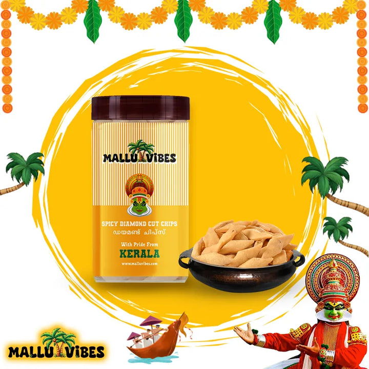 Front view of package with bowl Freshly Made Kerala snacks diamond chips salt in a bowl, english - Online Kerala snacks spicy diamond cut chips