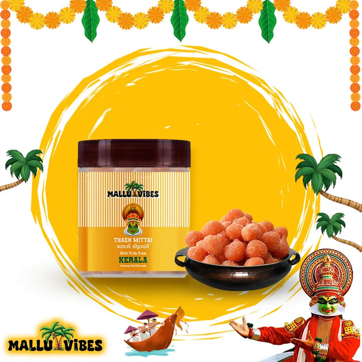 Front view of package with bowl Homemade Kerala snacks thaen mittai in a bowl, english - Indian snacks kerala sugar honey candy