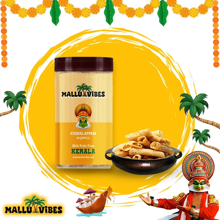 Front view of package with bowl Mallu Vibes Homemade Fresh kuzhalappam in a bowl , english - Online Kerala snacks crispy rice tubes