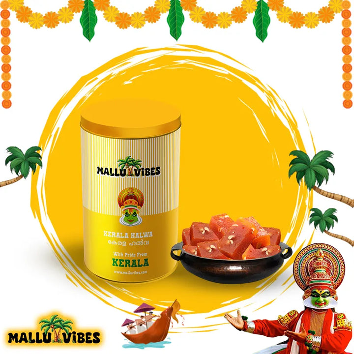 Front view of package with bowl Mallu Vibes Natural Kerala snacks kerala aluva with cashews and ghee in a bowl, malayalam - Homemade Fresh kerala halwa