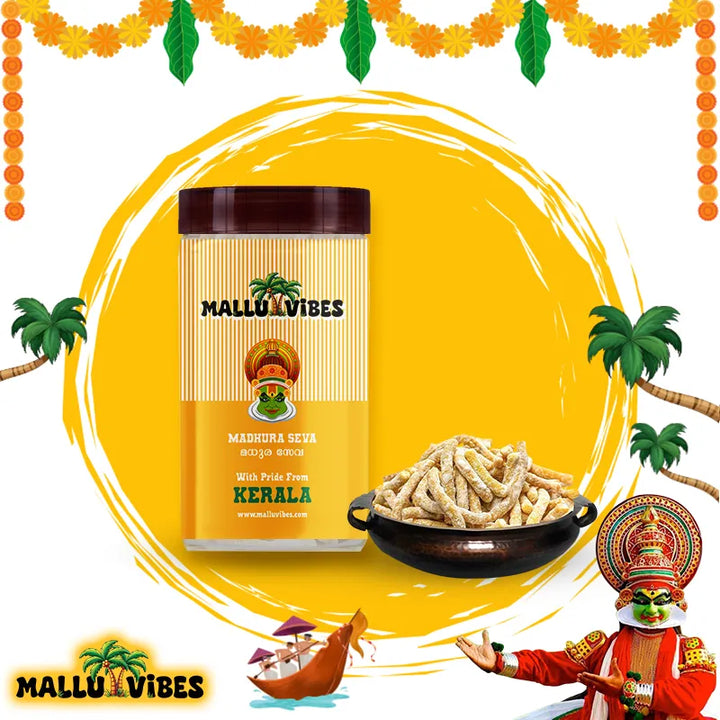 Front view of package with bowl Mallu Vibes Organic Kerala snacks madhura seva in a bowl, english - sweet sev Buy Kerala Snacks Online