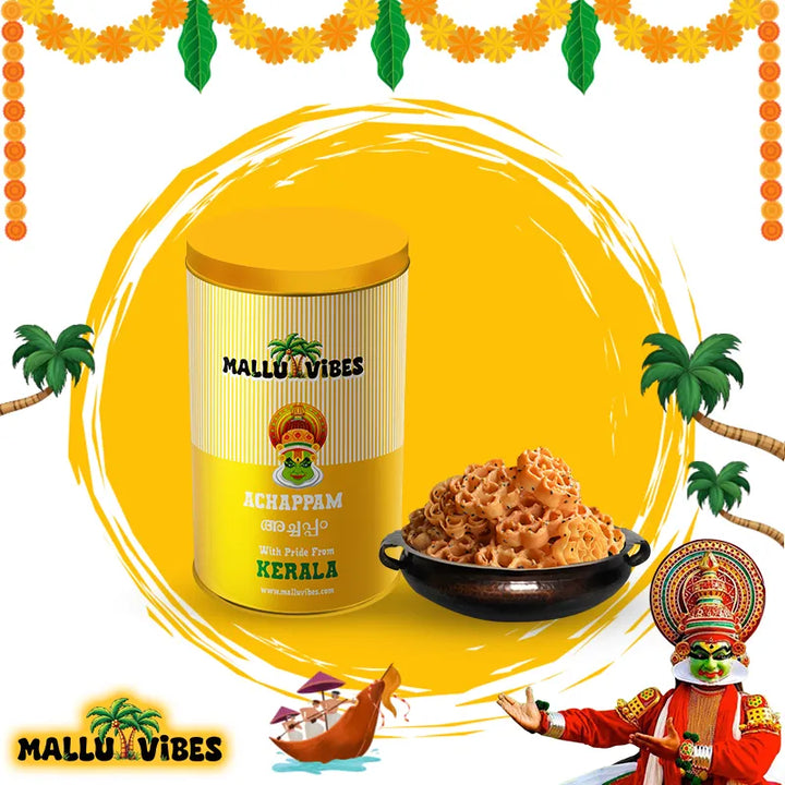 Front view of package with bowl Mallu Vibes Traditional Kerala food Achappam in a bowl, english - Homemade Kerala snacks Achappam kerala rose cookies Indian snacks