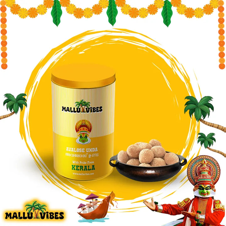 Front view of package with bowl Natural Kerala snacks Avalose unda in a bowl, english - Homemade Fresh Traditional Kerala food Avalose unda or sweet rice coconut balls