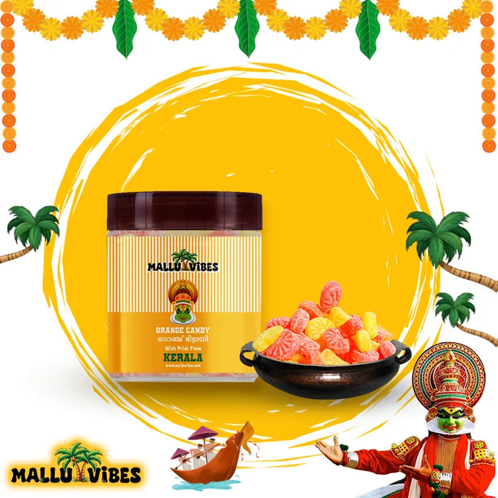 Front view of package with bowl Traditional Kerala food Orange mittai in a bowl, english - Organic Kerala snacks Orange candy