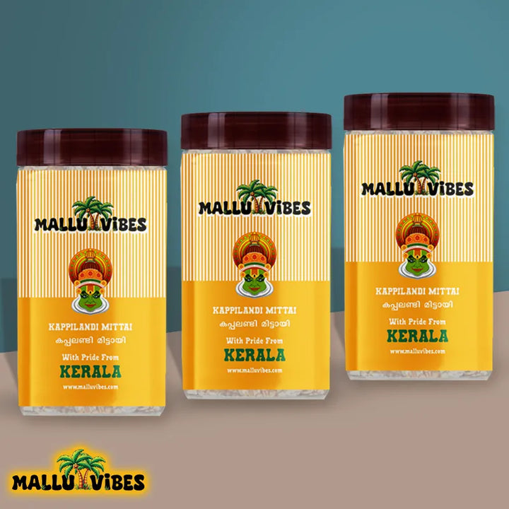 Front view of package design Online Kerala snacks kappilandi mittai in a bowl, english - Best Kerala snacks online peanut jaggery candy