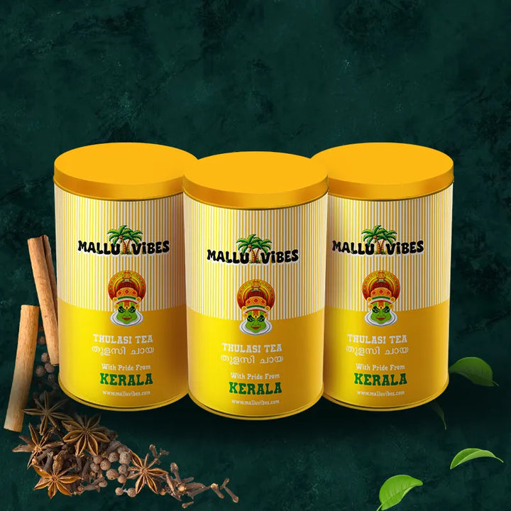 Front view of thulasi tea in package design, english - tulsi tea