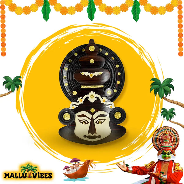 Front view of Unique Kerala handicrafts wooden Kathakali face, english - Traditional Kerala art kathakali face