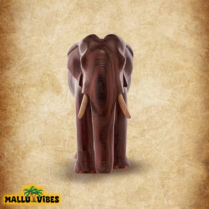 Front view of Wood Carvings Kerala carved wooden elephant statue, english - Handicrafts of Kerala wooden elephant