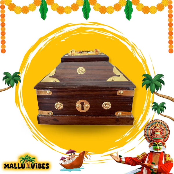 Front view of Handicrafts of Kerala nettur petti for storing makeup, english - Traditional Kerala art wooden makeup box big