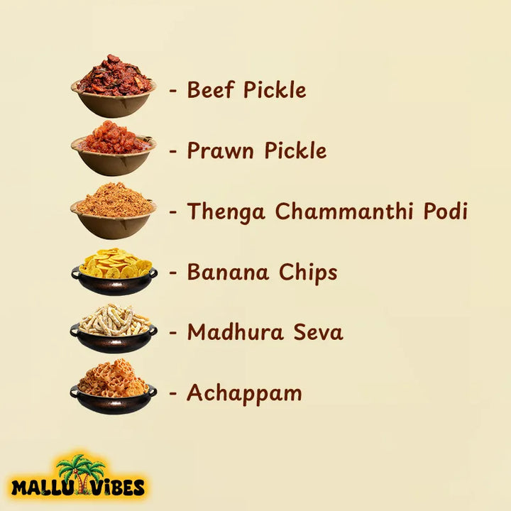 Mallu Vibes Online Kerala snacks, Homemade Kerala pickles and Coconut chammanthi podi item lists