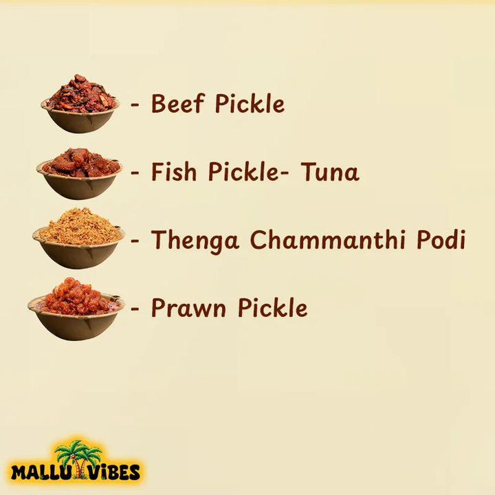 Mallu Vibes Traditional Kerala food, Homemade Kerala pickles and Coconut chammanthi podi item lists