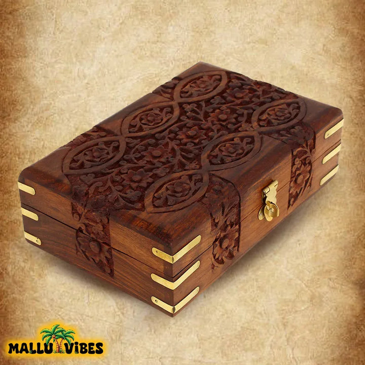 Side top view of Wood Carvings Kerala wooden jewellery box, malayalam - Traditional Kerala art nettur petti