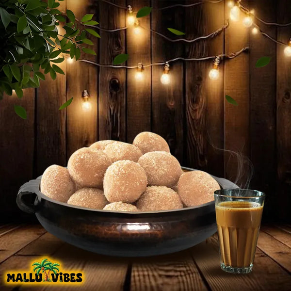 Side view of Natural Kerala snacks Avalose unda in a bowl, english - Homemade Fresh Traditional Kerala food Avalose unda or sweet rice coconut balls