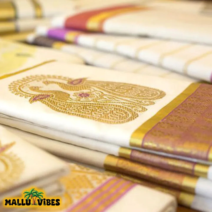 Side view of kerala kasavu saree with detail view, english - kasavu saree