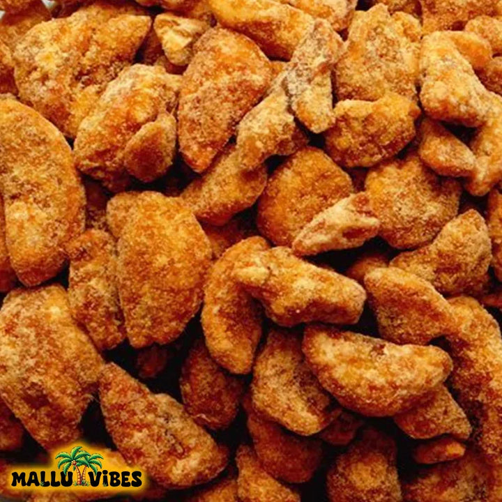 Top View of Mallu Vibes Best Kerala snacks online sharkara upperi in a bowl, english - Authentic Kerala snacks Jaggery Coated Banana chips