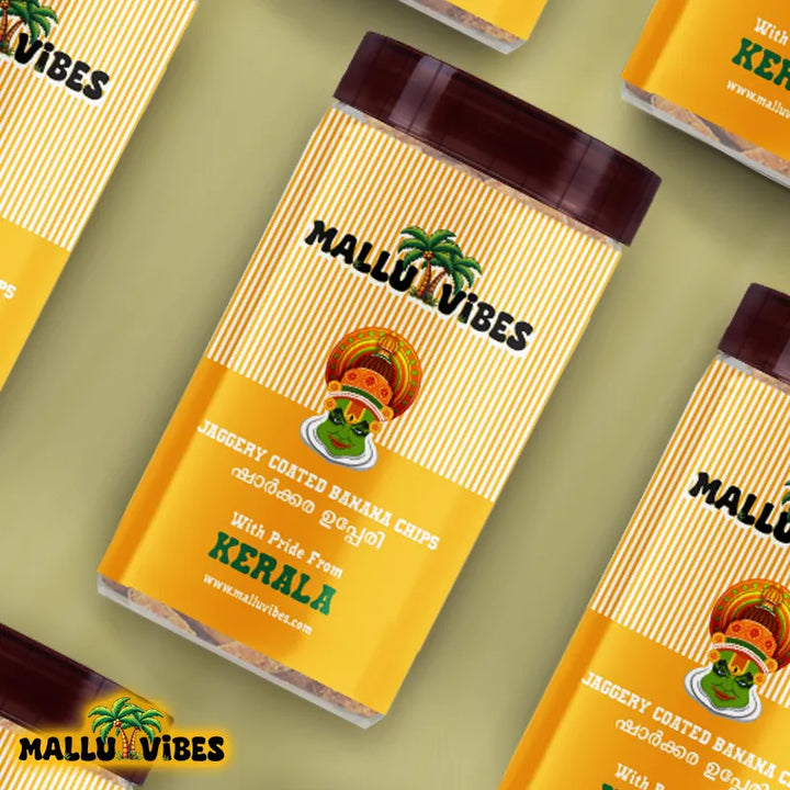 Top View of package design Mallu Vibes Best Kerala snacks online sharkara upperi in a bowl, english - Authentic Kerala snacks Jaggery Coated Banana chips