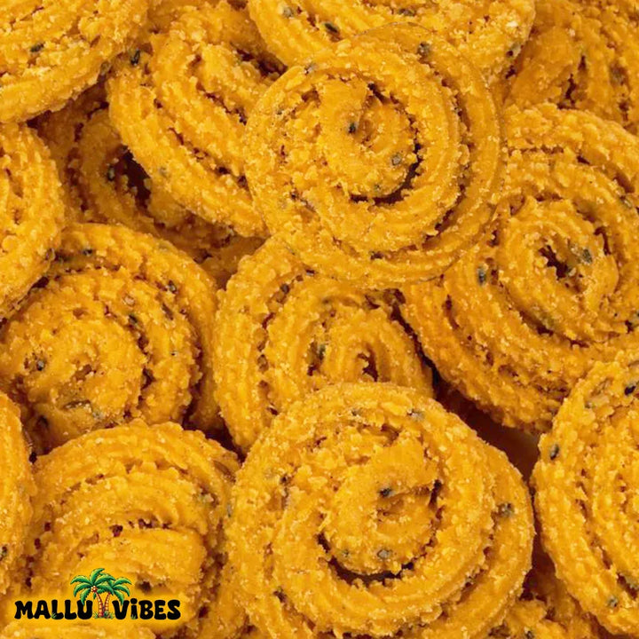 Top view of Best Kerala snacks online arimurukku in a bowl, english - Homemade Kerala snacks crispy rice flour spirals