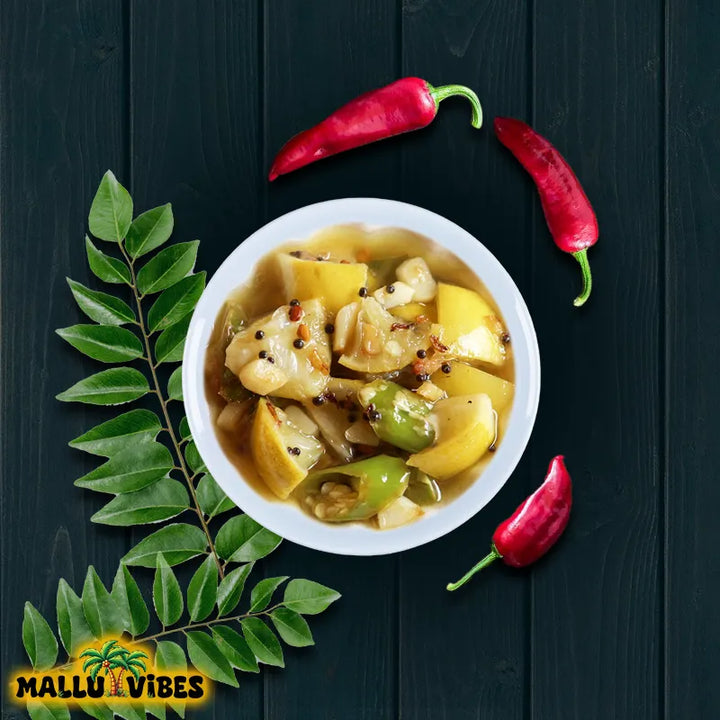 Top view of Lime Kerala pickles with Homemade Kerala pickles, No Preservatives sour and spicy taste, malayalam - Homemade Fresh vella naranga achar