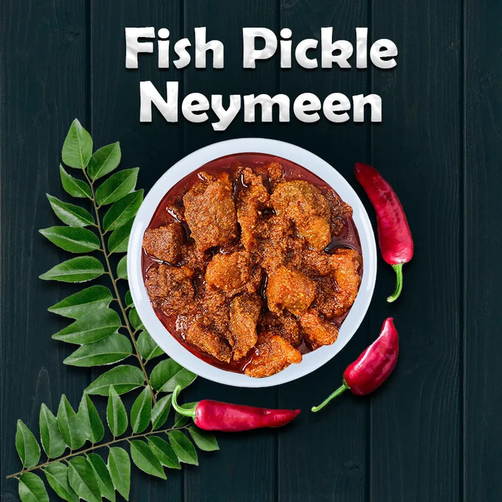 Top view of Mallu Vibes Homemade Kerala pickles. Neymeen fish pickle Homemade Fresh fish pickles and No Preservatives with spicy, malayalam - Neymeen meen achar