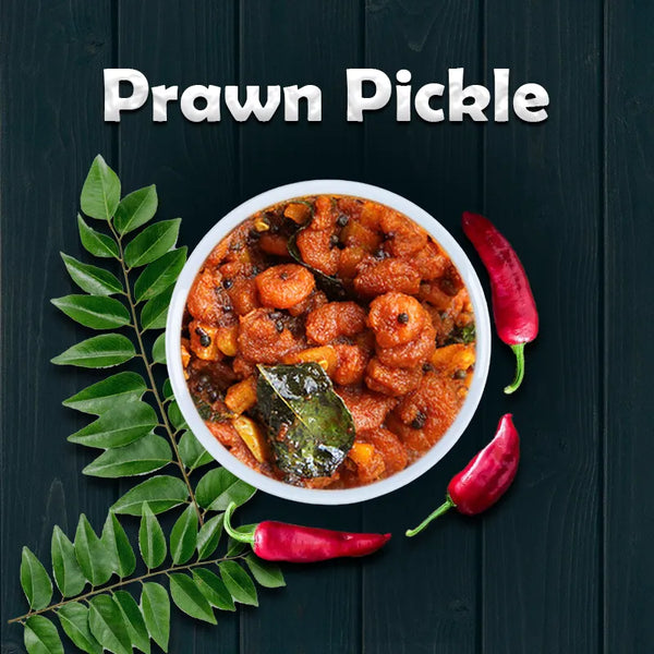 Top view of Mallu Vibes Homemade Kerala pickles, No Preservatives Chemmeen pickle or prawn pickle with blend of spices, malayalam - chemmeen achar