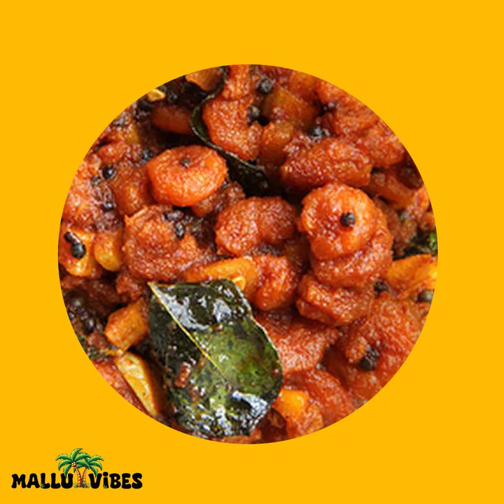 Top view of Mallu Vibes Homemade Kerala pickles, No Preservatives Chemmeen pickle or prawn pickle with blend of spices, malayalam - chemmeen achar