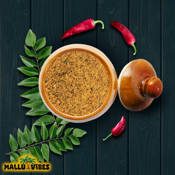 Top view of Mallu Vibes Netholi Chammanthi Podi with Homemade Fresh and No Preservatives a tangy and spicy flavor, english - anchovy chutney powder chammanthi podi