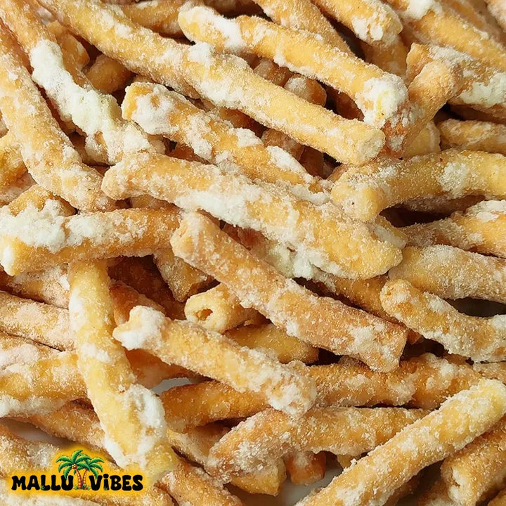 Top view of Mallu Vibes Organic Kerala snacks madhura seva in a bowl, english - sweet sev Buy Kerala Snacks Online