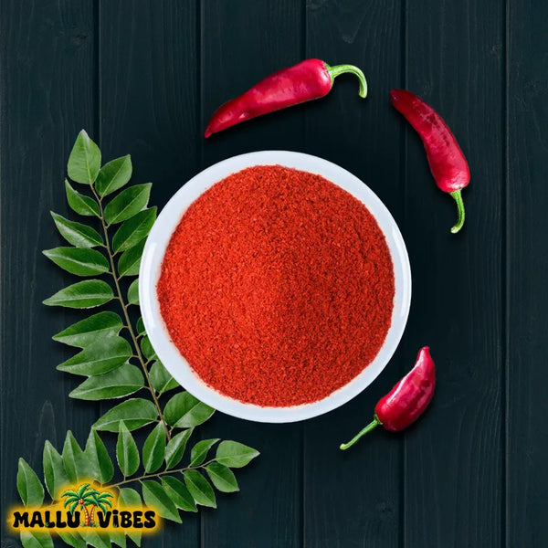 Top view of Homemade Fresh kashmiri chilli powder, malayalam - Freshly Made Kerala snacks kashmiri mulaku podi