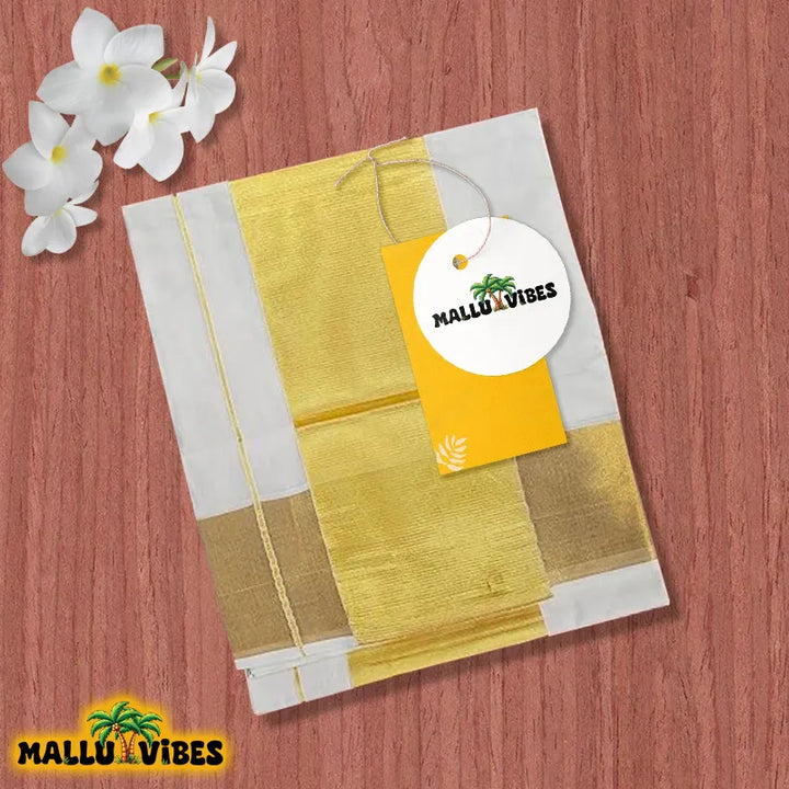 Top view of kerala kasavu saree with tag, english - kasavu saree