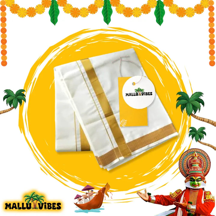 Top view of white cotton kerala dhoti on traditional background, malayalam - kerala mundu