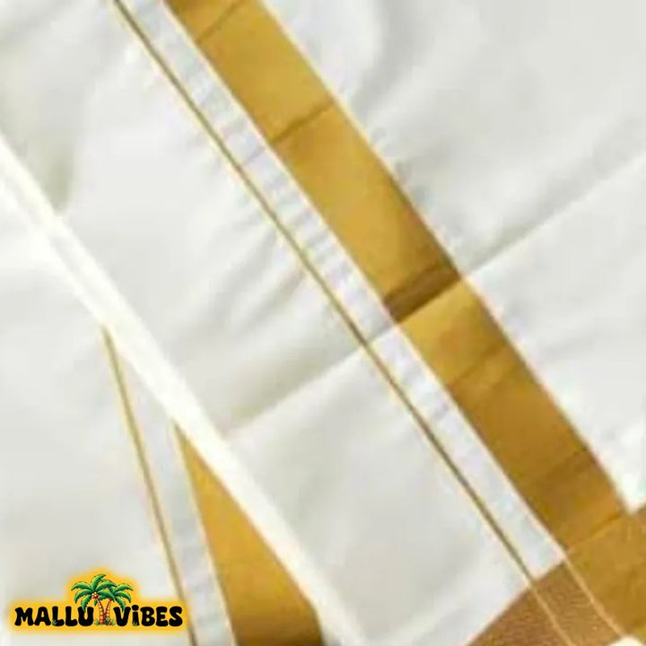 Top view of white cotton kerala dhoti with detail view, malayalam - kerala mundu