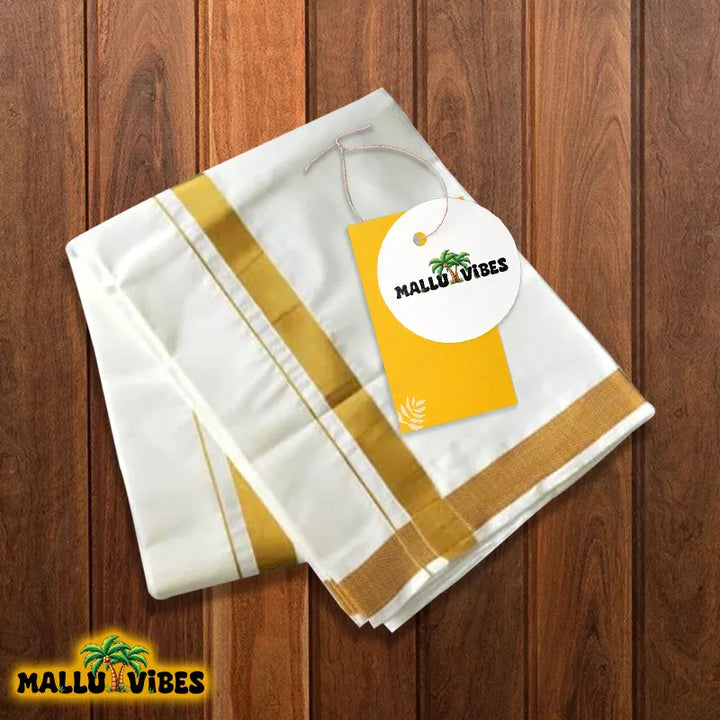 Top view of white cotton kerala dhoti with tag, malayalam - kerala mundu