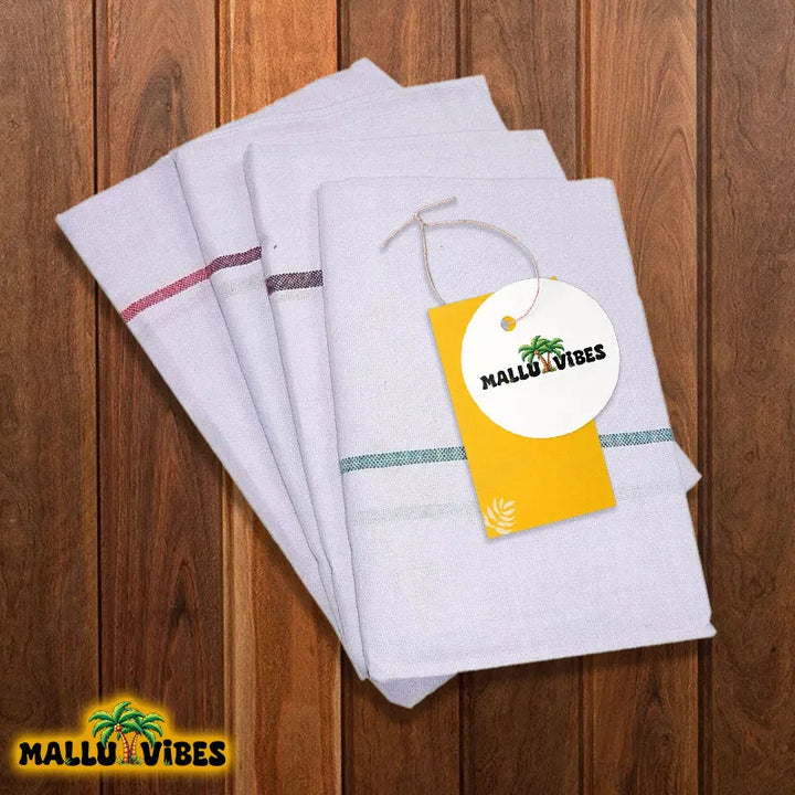 Top view of kerala thorthu with tag, english - kerala towel