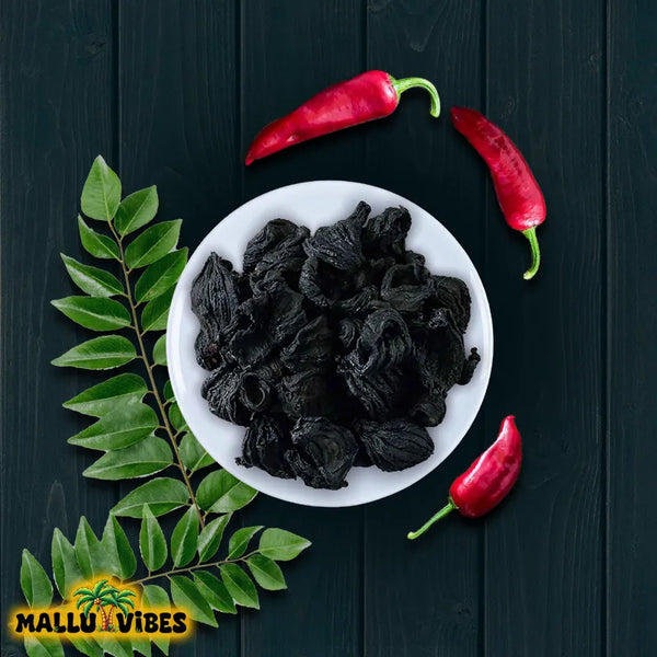 Top view of Natural Kerala snacks garcinia cambogia, a tangy tropical fruit used in health supplements, malayalam - Organic Kerala snacks kudampuli