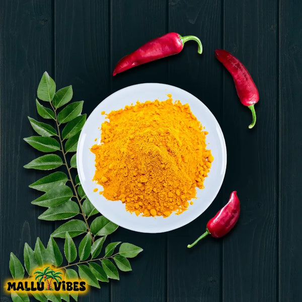 Top view of Authentic Kerala snacks bright yellow turmeric powder, used for its earthy flavor and health benefits, malayalam - Homemade Fresh manjal podi