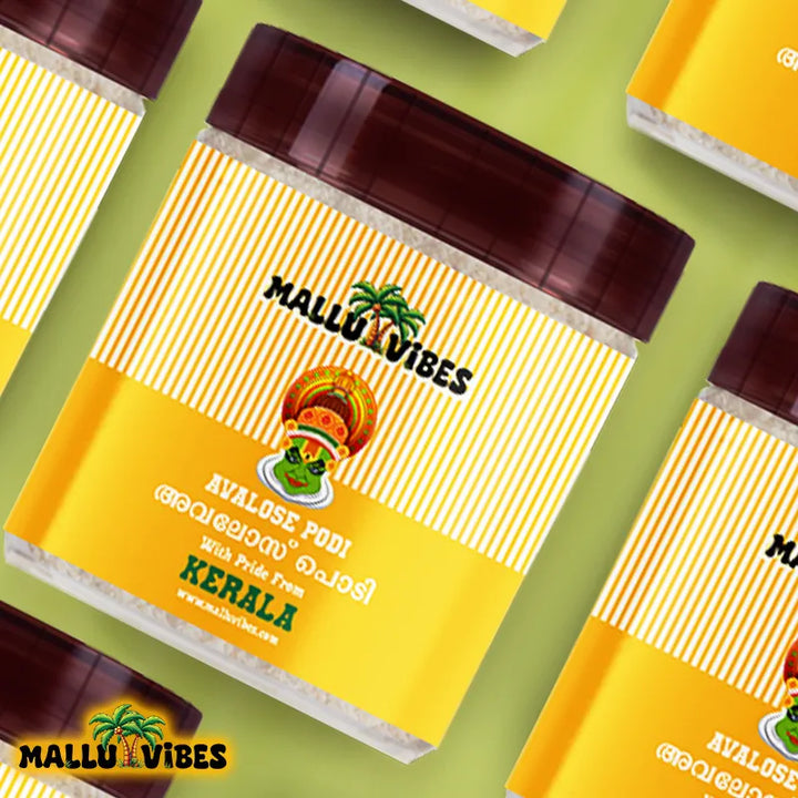 Top view of package design Authentic Kerala snacks Avalose podi in a bowl, english - Freshly Made Kerala snacks rice flour coconut powder