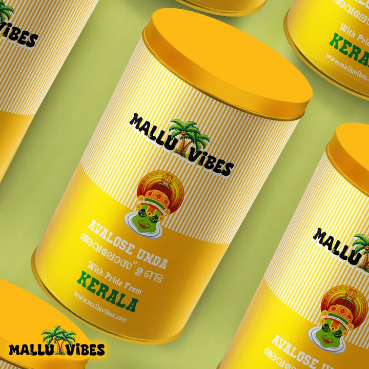 Top view of package design Natural Kerala snacks Avalose unda in a bowl, english - Homemade Fresh Traditional Kerala food Avalose unda or sweet rice coconut balls